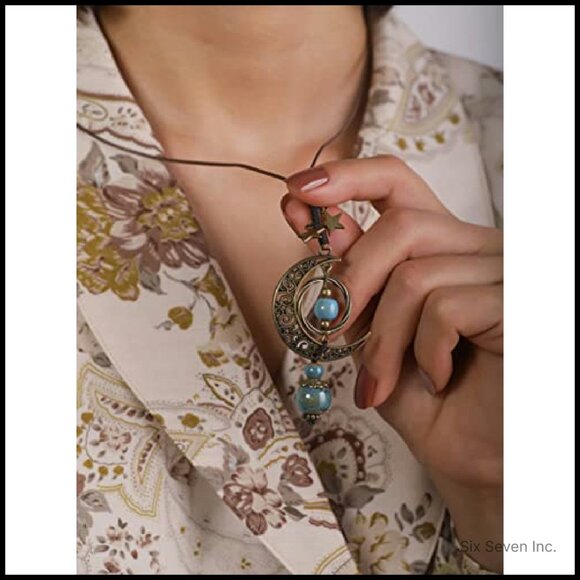 Vintage Bohemian Crescent Moon Lariat Necklace Adjustable Statement Jewelry - Picture 6 of 8